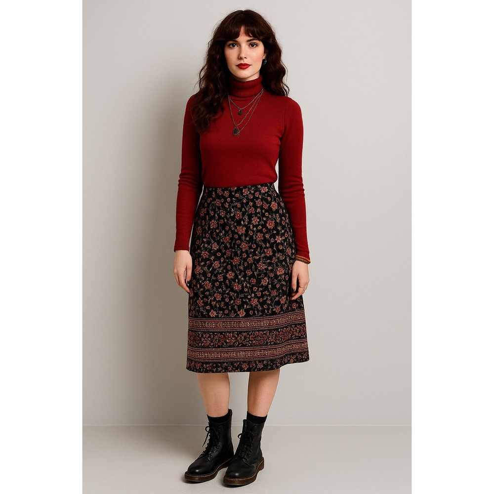 Vintage 90s Briggs Petite Midi Skirt‎ 10P (fits 6/8) Black Red Floral Folk Print